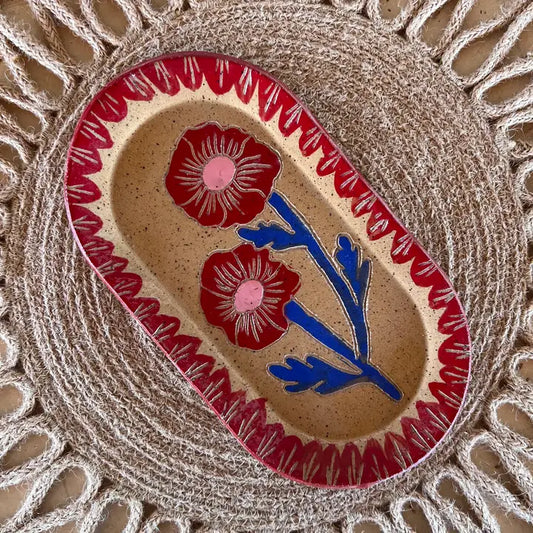 Red & Blue Blossom Sgraffito Trinket Dish