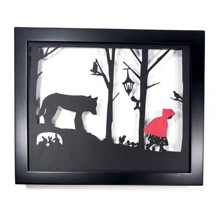 Framed Hand Cut Paper Art -  Red & Wolf 8 x 10