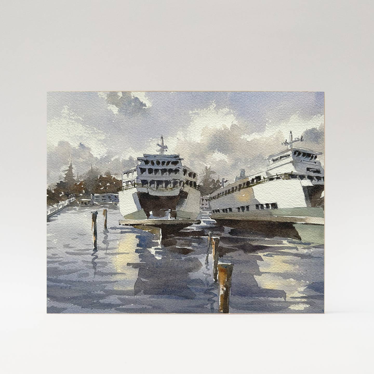 Docked Ferries, Woodblock, 11x14