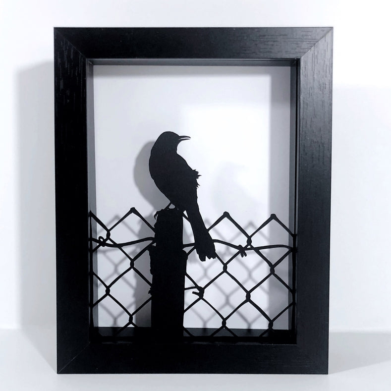 Framed Hand Cut Paper Art - Mocking Bird 5 x 7