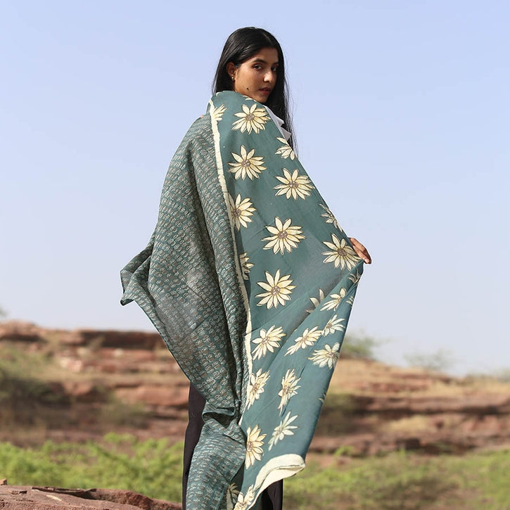 Handmade Block Print Green Cotton Silk Large Scarf | La Joie
