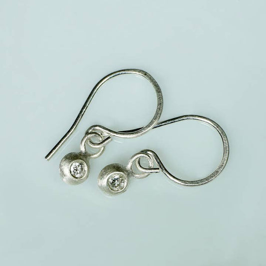 Tiny Button Drop Earrings in Silver w/ Sapphire