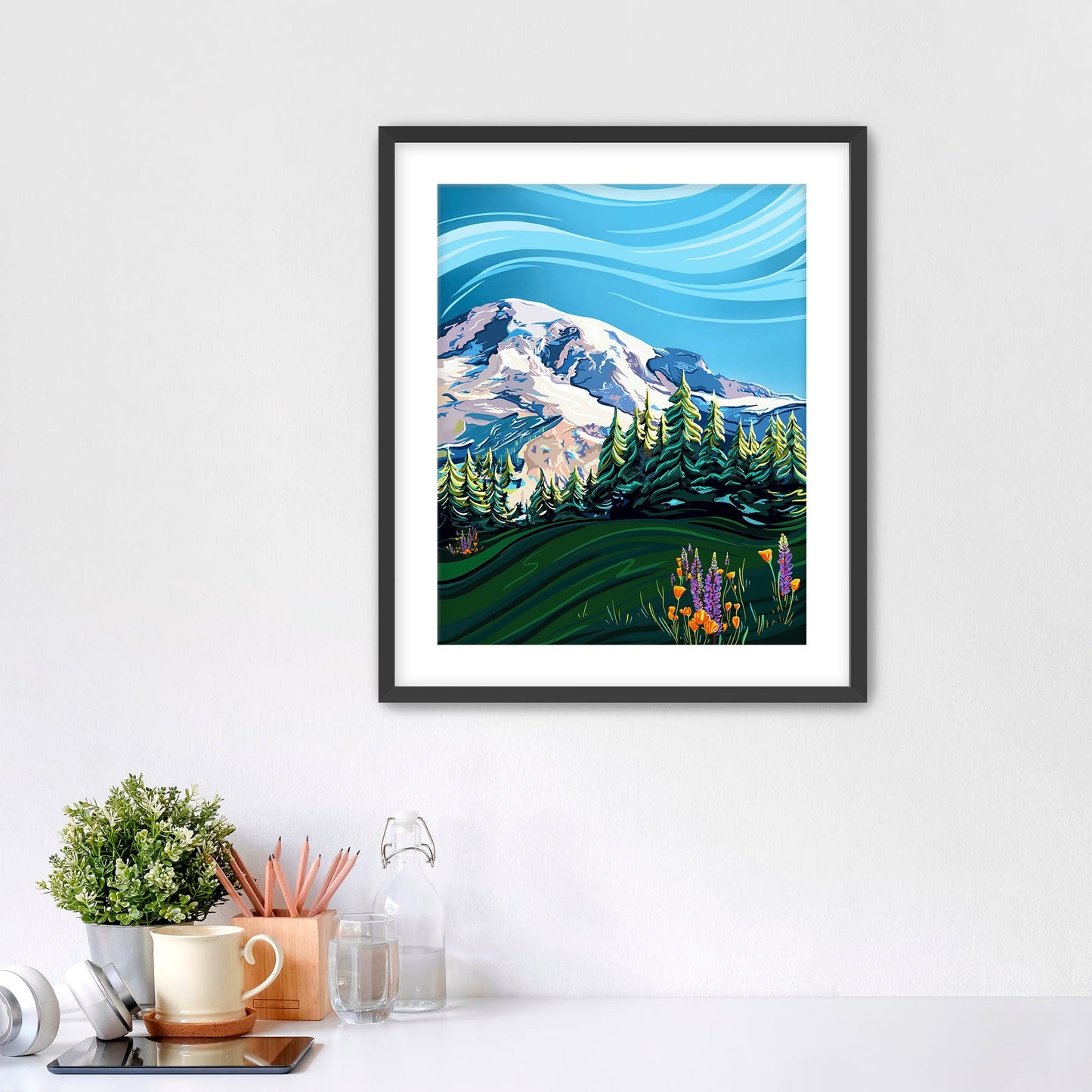 Mount Rainier & Wildflowers 11x14, Framed, Black