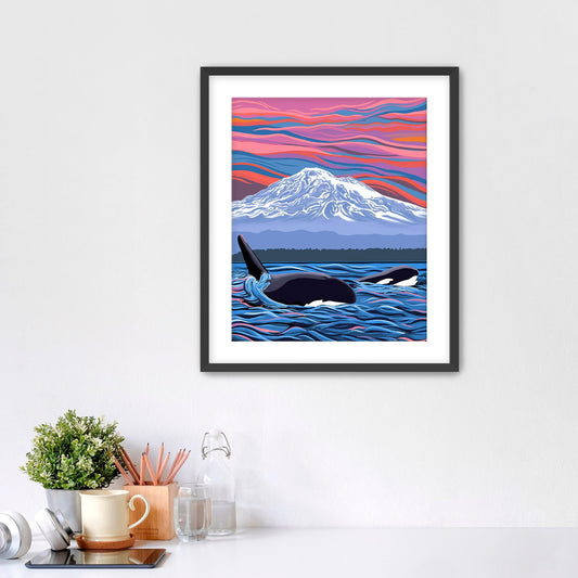 Orca Mom/Calf Swimming Art Print 11x14