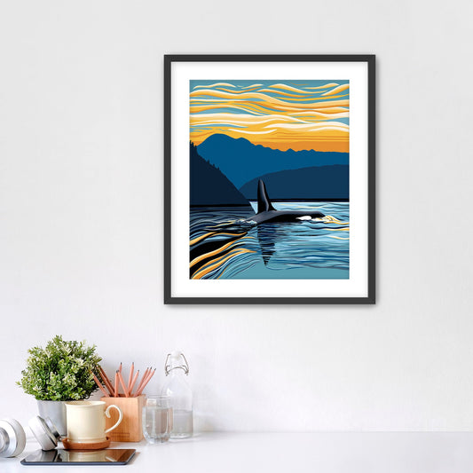 Orca Evening Swim Art Print LSA, Blk Framed 11x14
