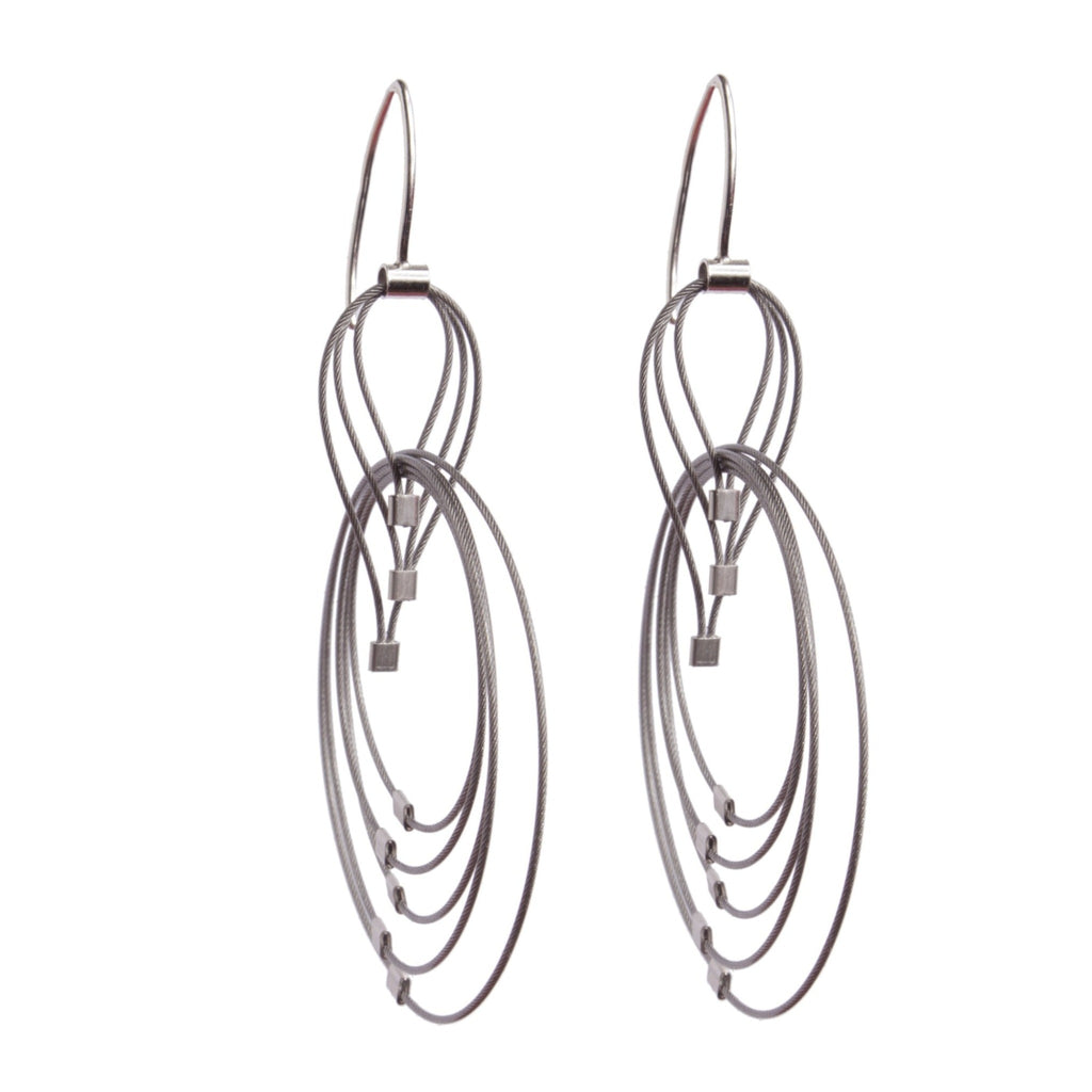 Large Deco Hook Earrings, Steel+Silver