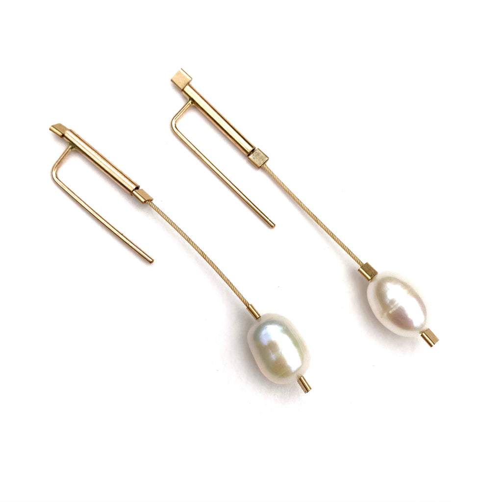 Long Line Hook Earrings-  White Pearl Gold