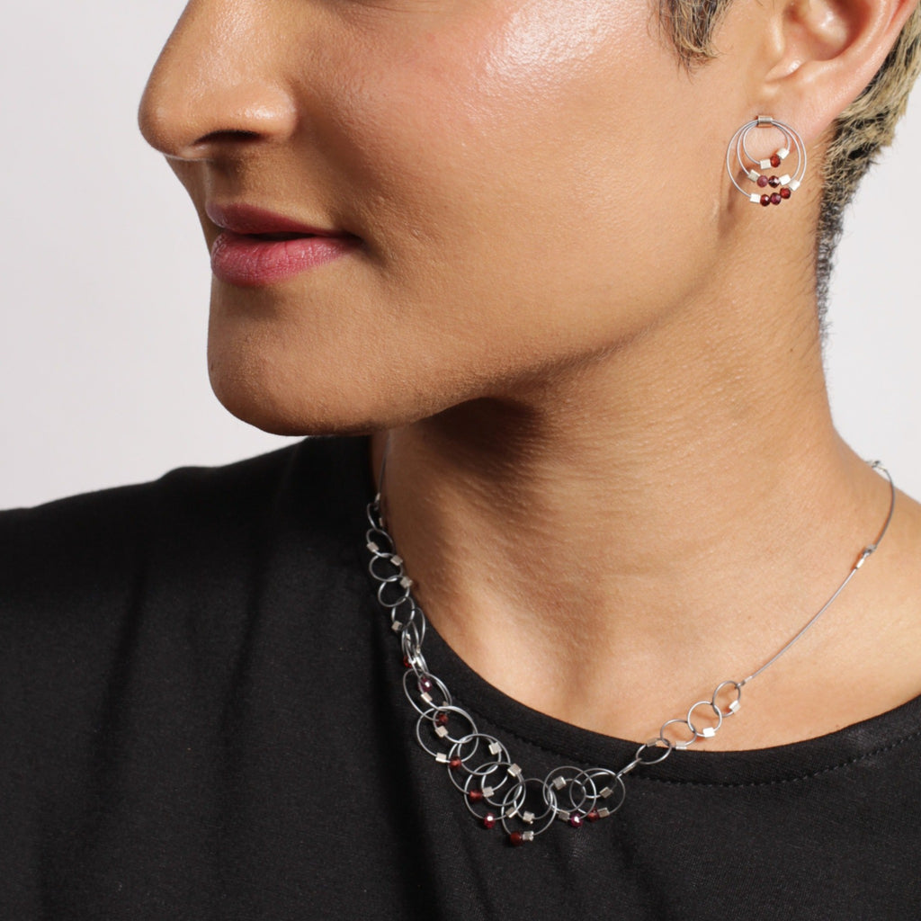 Vertigo Mini Necklace, Garnet + Steel + Silver, 18