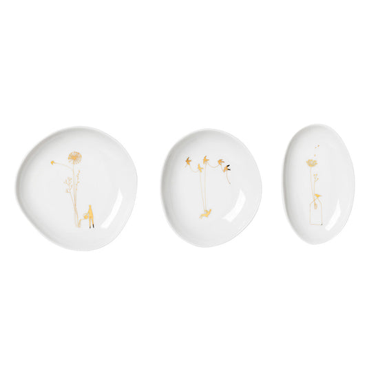 Small Dish set/3 Gold Dandelions+Birds