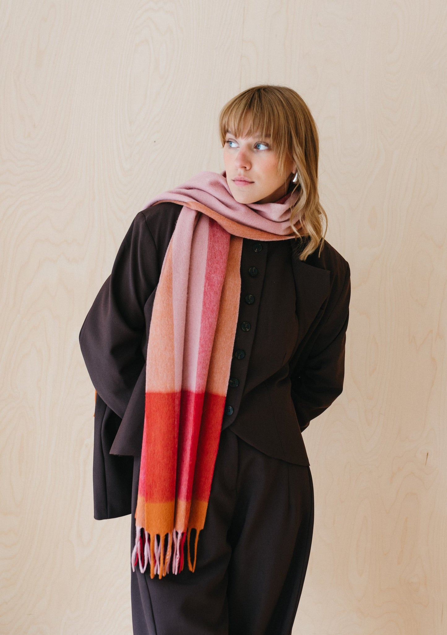 Lambswool Oversized Scarf, Berry Edge Check