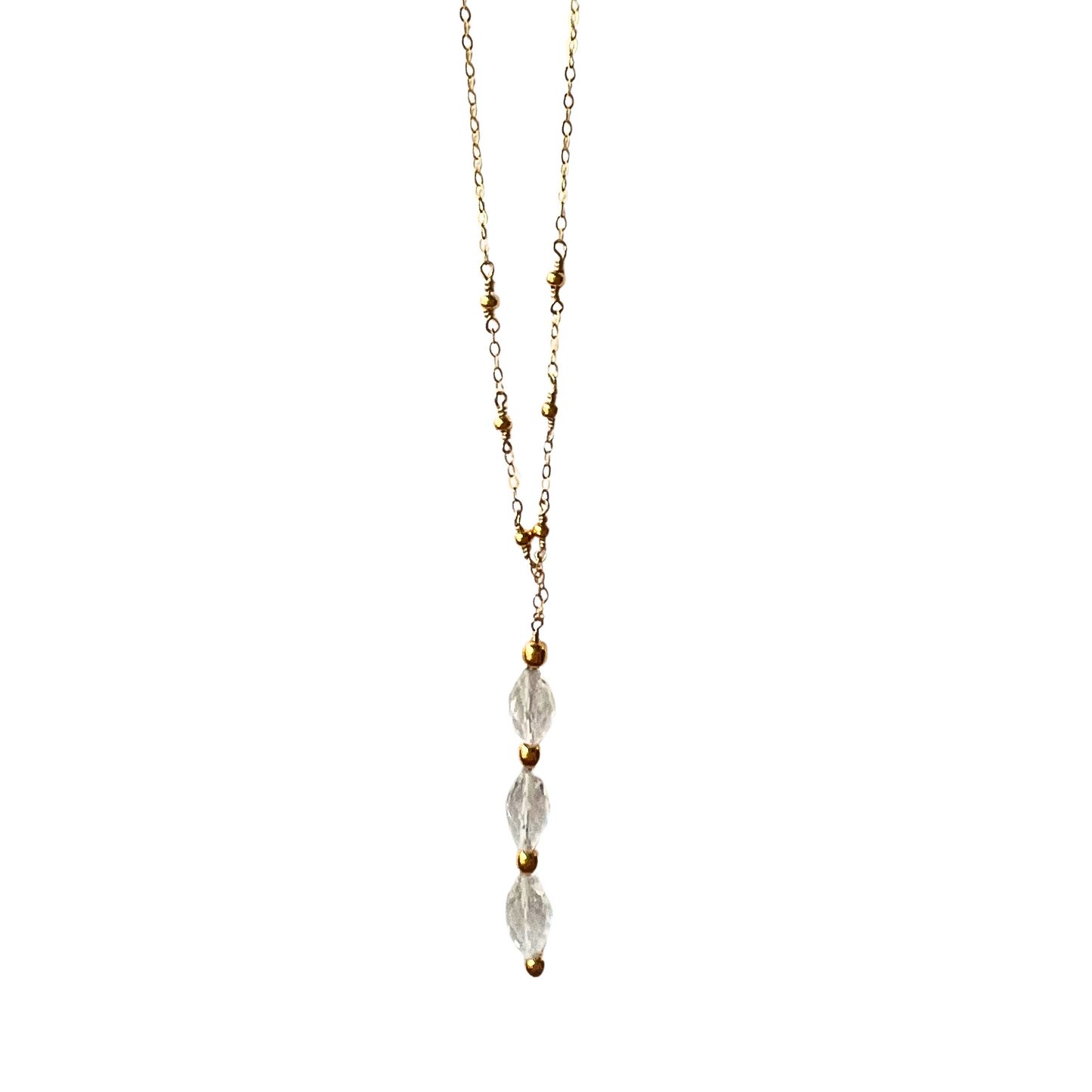 13 Stone Drop Necklace, Qtz + Gold Bead, Gold