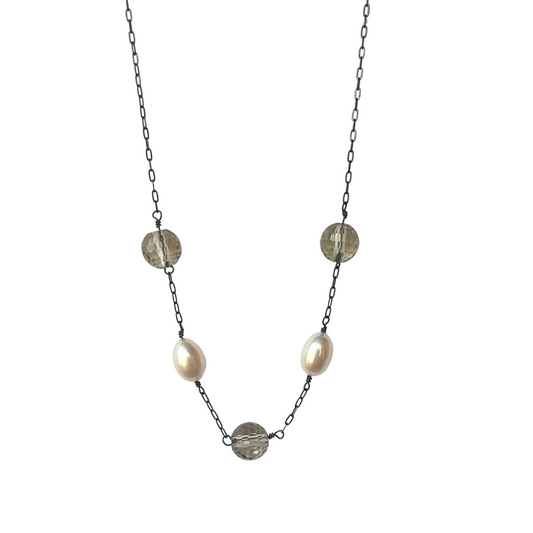 5 Stone Chain Necklace, Smoky Qtz + Pearl, Ox Silver