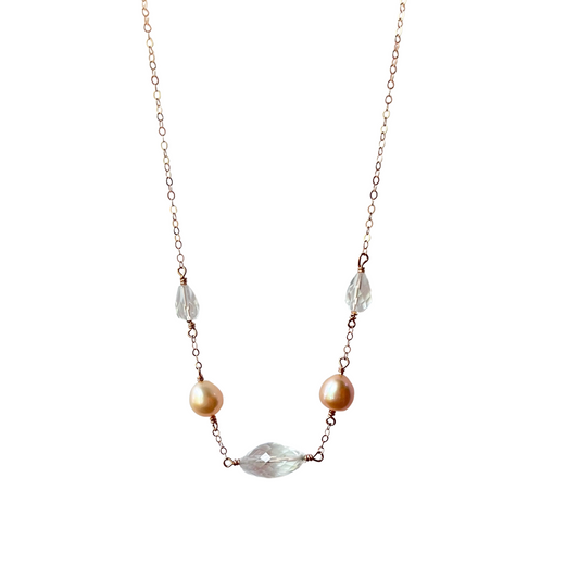 5 Stone Chain Necklace, Qtz + Pink Pearl, Rose Gold