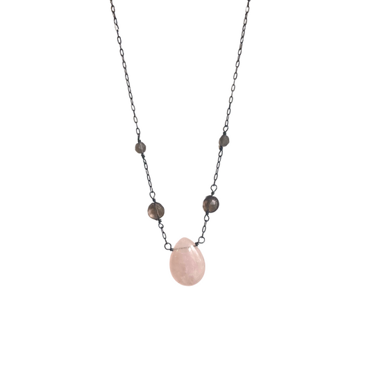 5 Stone Drop Necklace, Rose + Smoky Qtz, Ox Silver