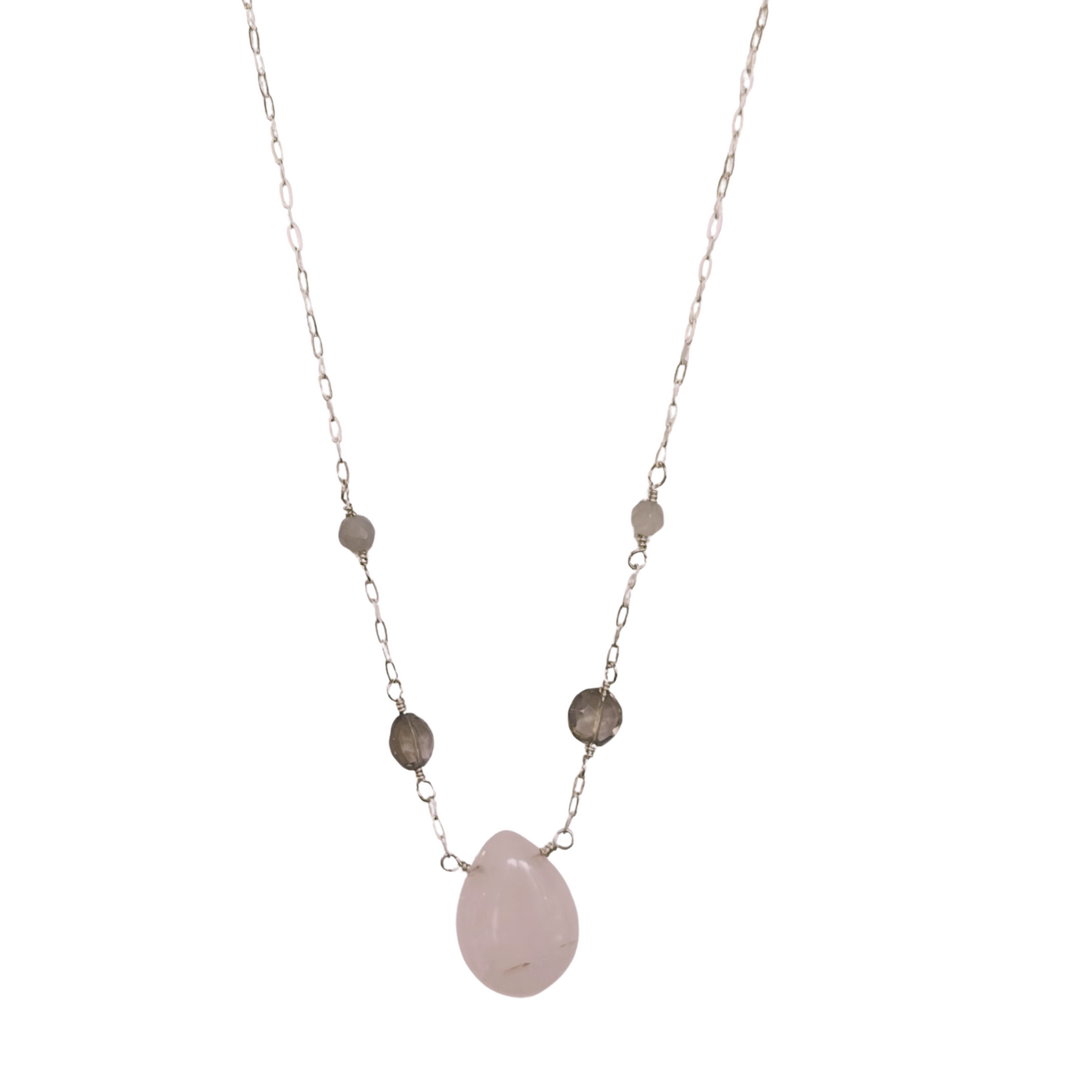 5 Stone Drop Necklace, Rose + Smoky Qtz, Silver