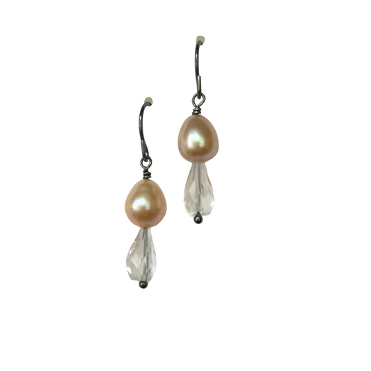 Pink Pearl + Crystal Quartz Drop Earrings, Ox Silver