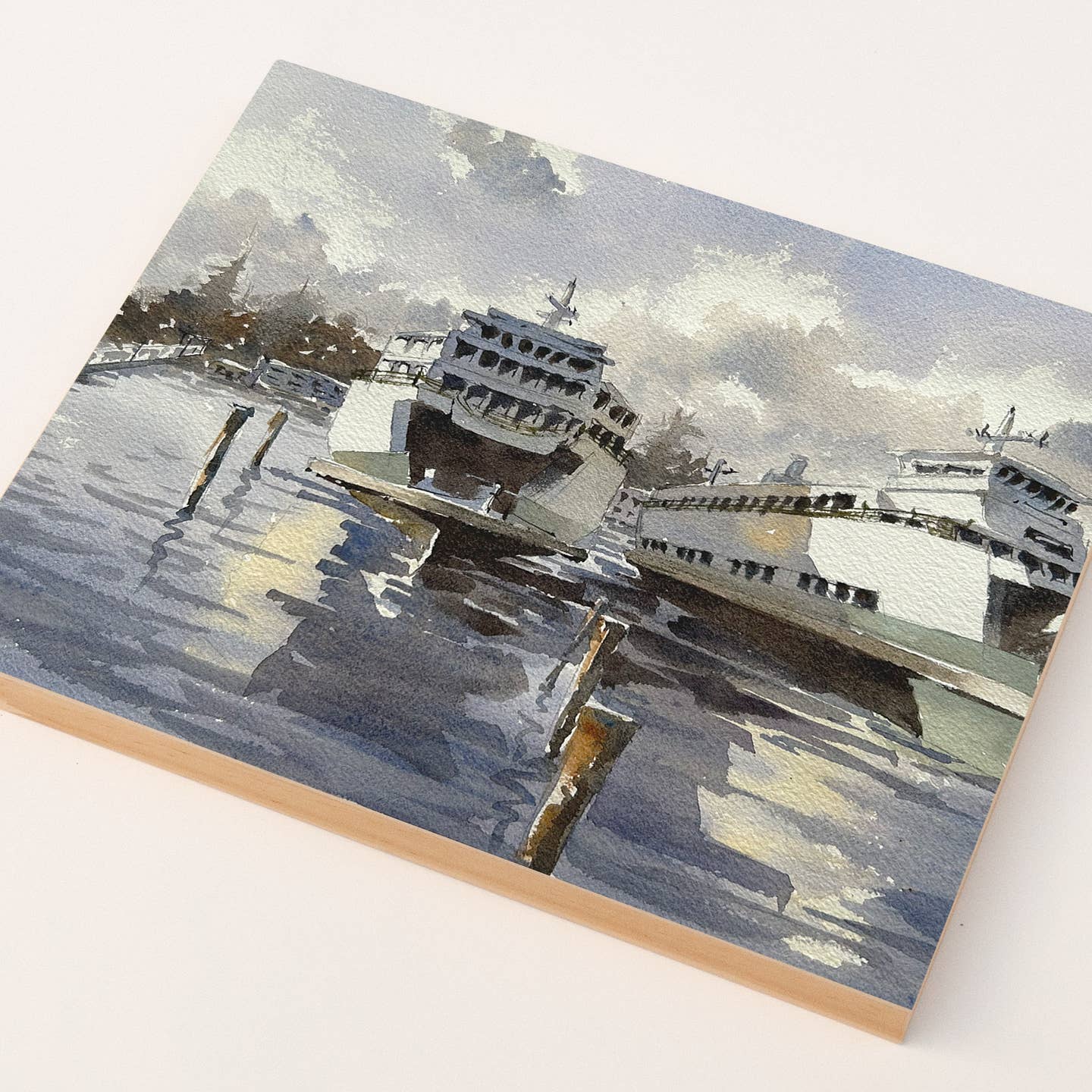 Docked Ferries, Woodblock, 11x14