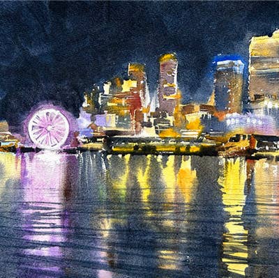 Good Night Seattle, Woodblock, 11x14