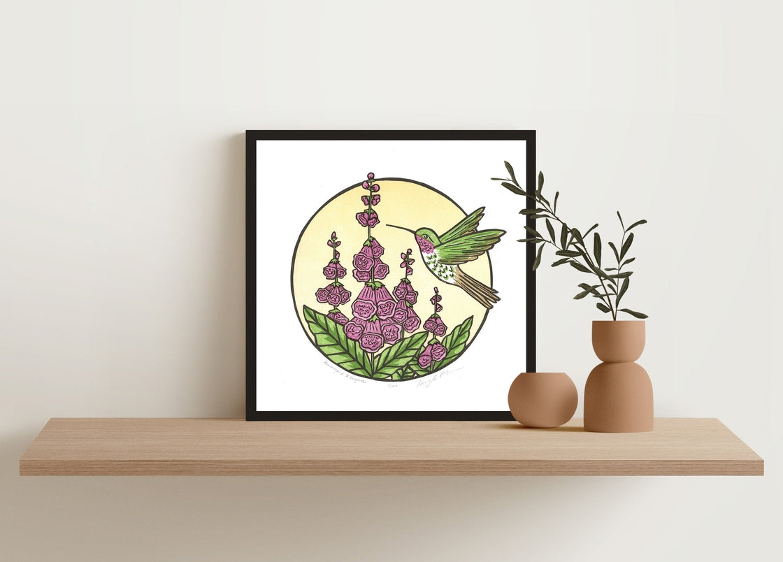 Hummingbird & Foxglove Block Print, 10x10 Black Framed