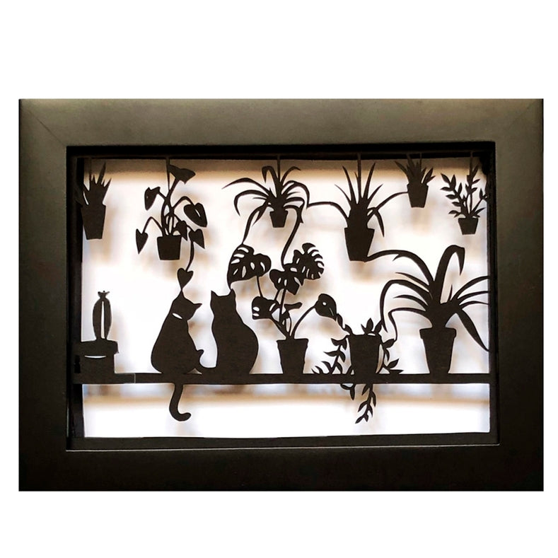 Framed Hand Cut Paper Art- Cats Plants 5 x 7