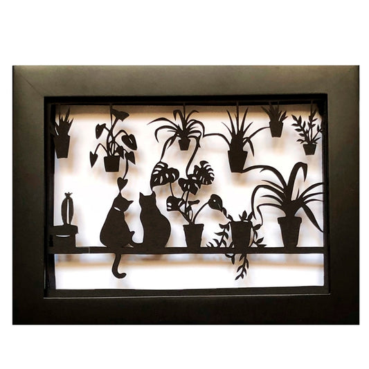 Framed Hand Cut Paper Art- Cats Plants 5 x 7