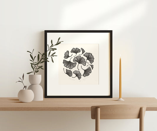 Ginkgo Leaves Block Print, 10x10 Black Framed