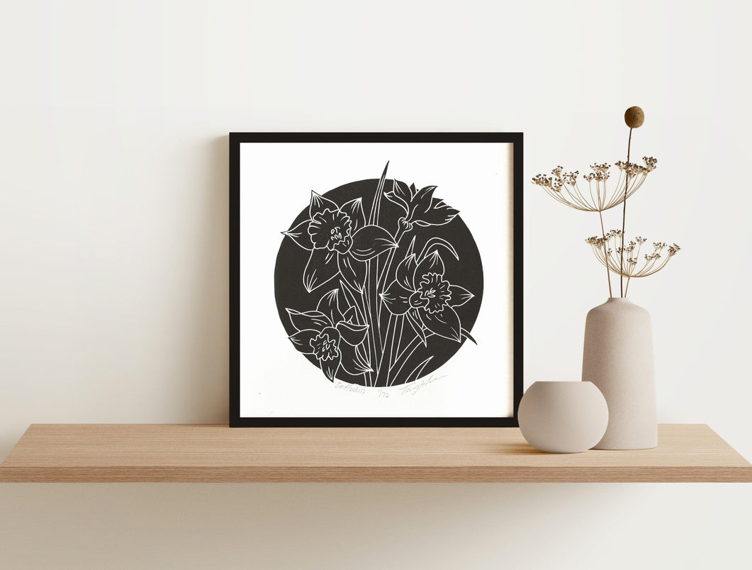 Daffodils Block Print, 10x10 Black Framed