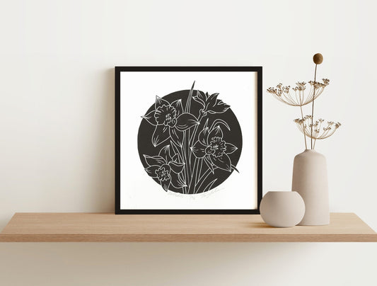 Daffodils Block Print, 10x10 Black Framed