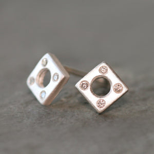 Square Stud Earrings in Silver w/ Diamonds