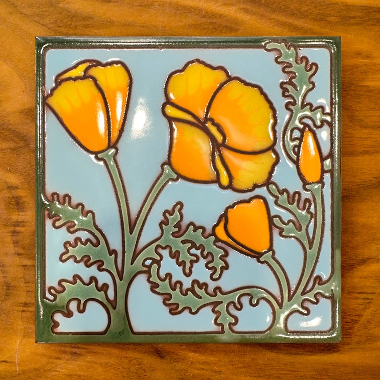 California Poppies, Hand-glazed Art Tile