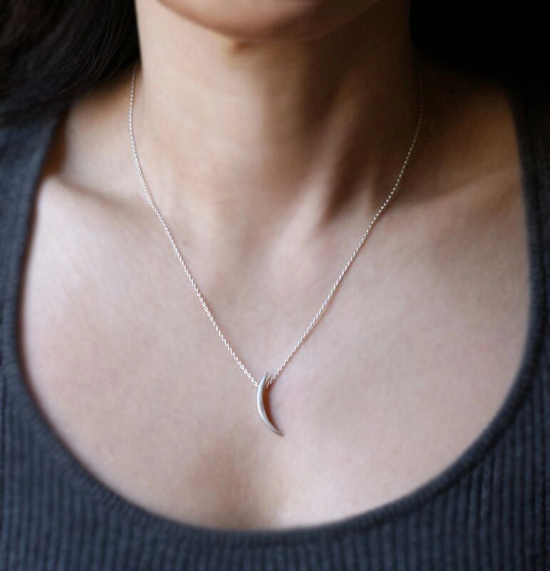 Long Crescent Moon Necklace, SS + Diamond