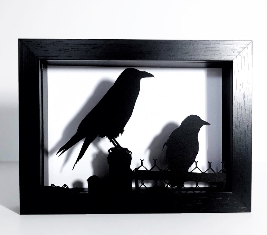 Framed Hand Cut Paper Art - Crow Raven 5x7