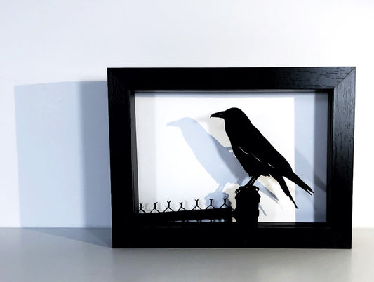 Framed Hand Cut Paper Art - Raven  5 x7