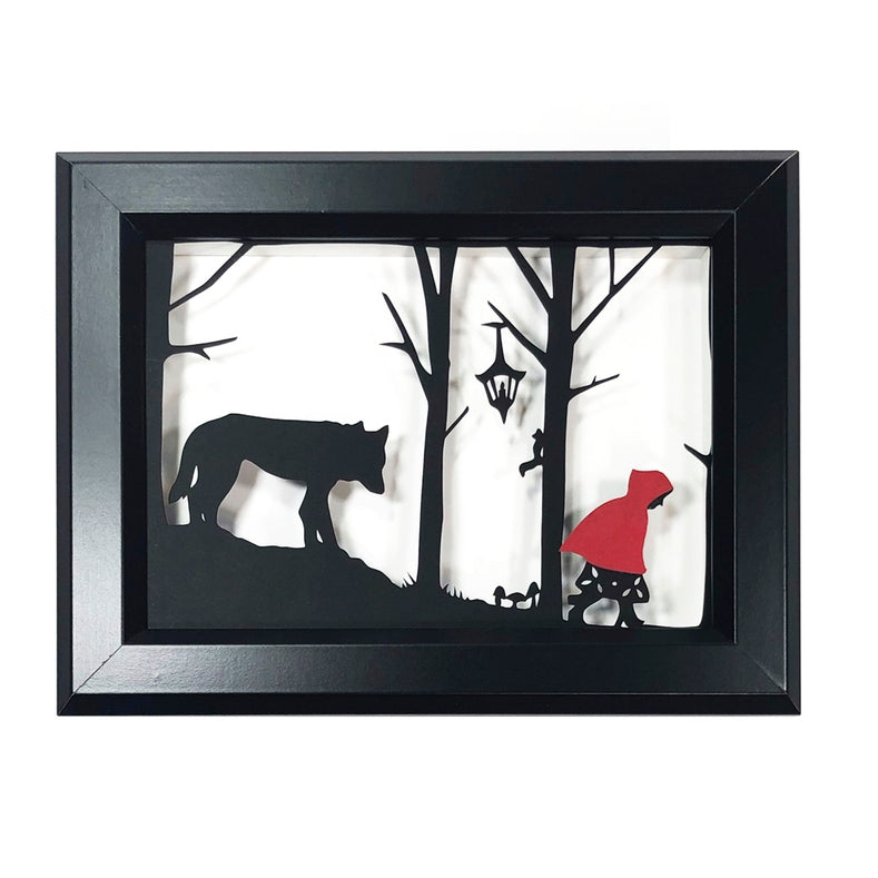 Framed Hand Cut Paper Art - Red & Wolf  5 x 7