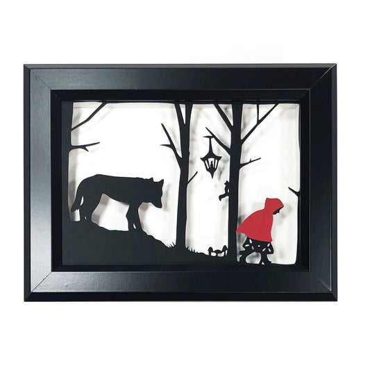 Framed Hand Cut Paper Art - Red & Wolf  5 x 7