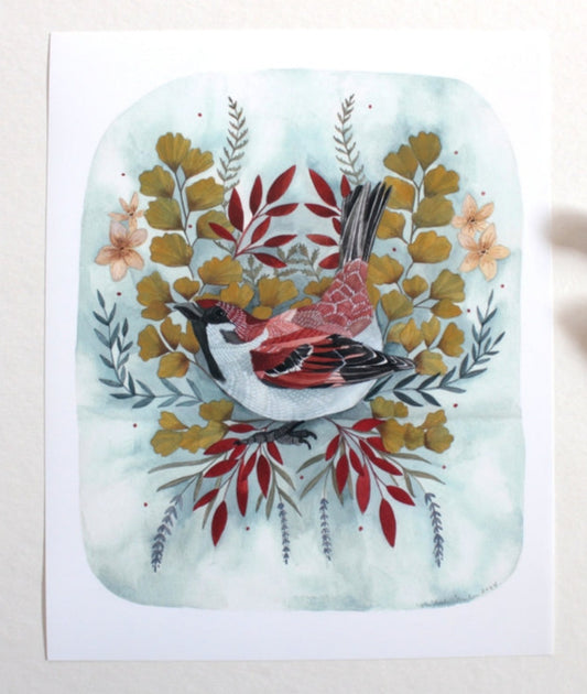 Brown Sparrow + Flowers Print, 8x10