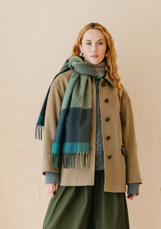 Lambswool Oversized Scarf, Green Check