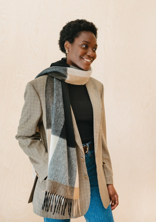 Lambswool Oversized Scarf - Monochrome Edge Check