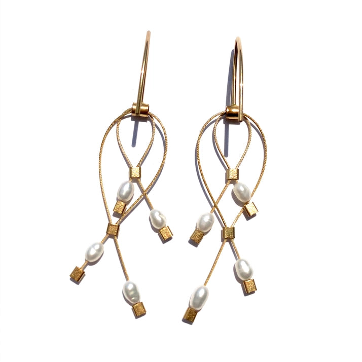 Lattice Hook Earrings Mini, Pearl + Gold