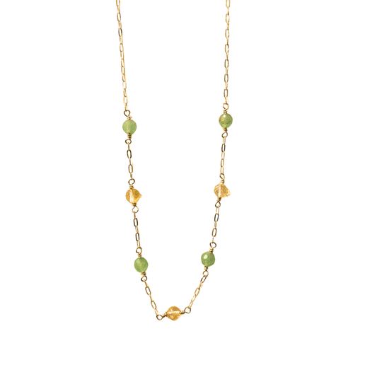 7 Stone Chain Necklace, Green Quartz + Carnelian, Gold