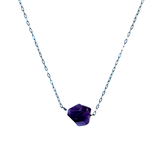 Single Stone Drop Necklace, Amethyst, Silver