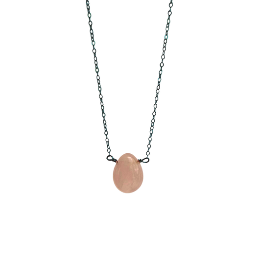 Single Stone Drop Necklace, Rose Quartz, Ox Silver