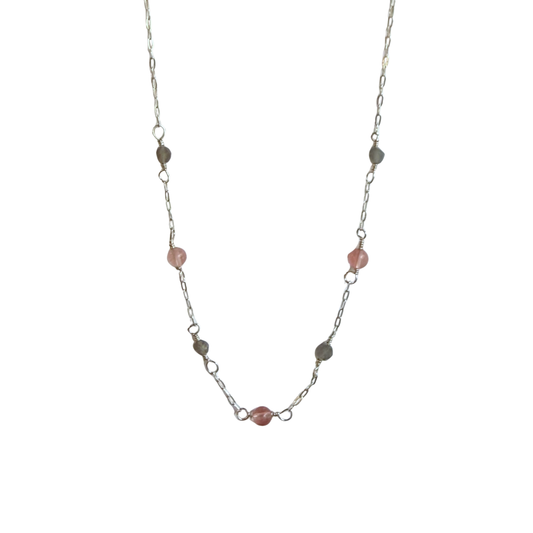 7 Stone Chain Necklace, Rose Qrtz + Grey Moonstone, Silver