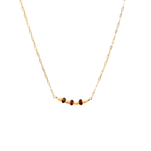 7 Stone Cluster Necklace, Garnet + Pearl, Gold