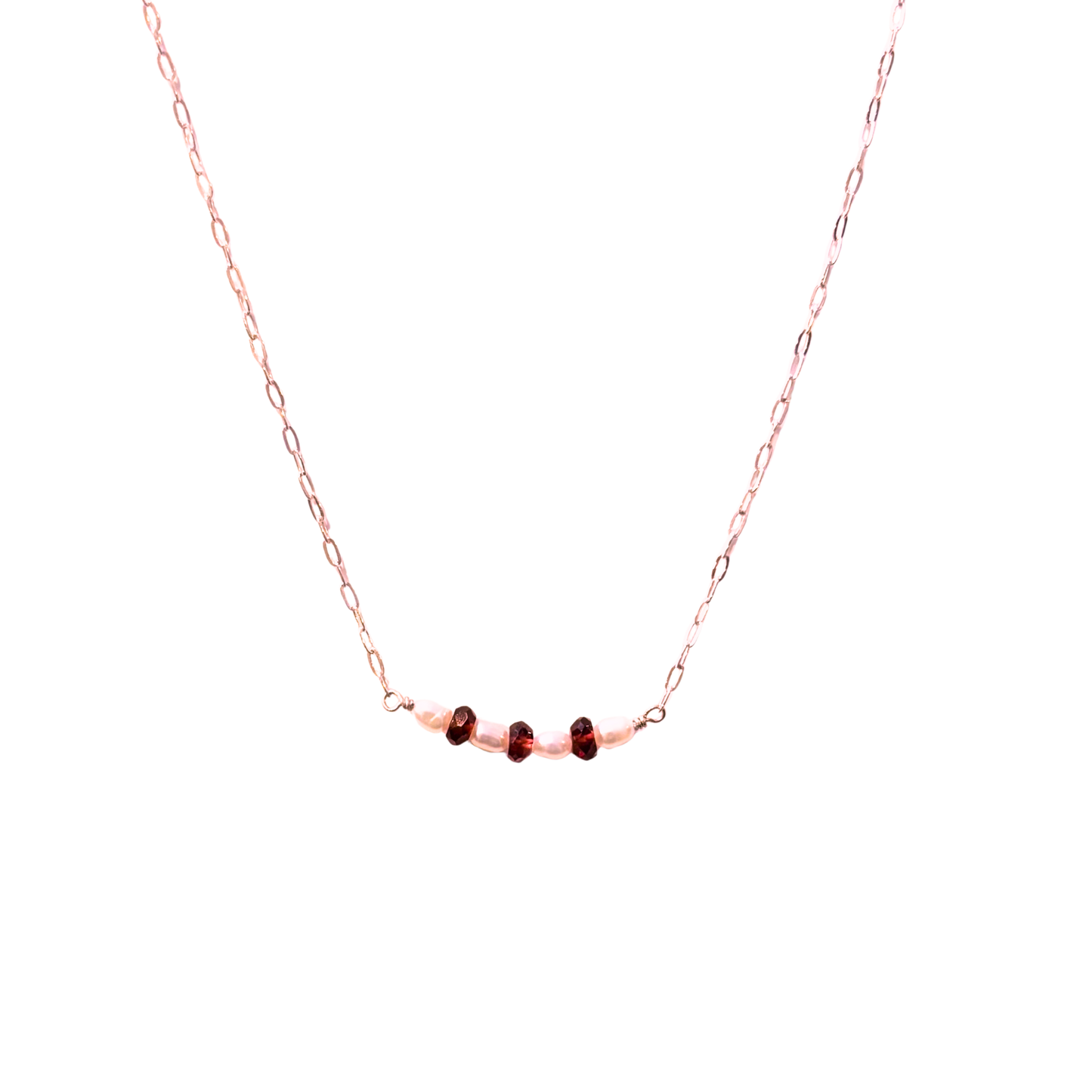 7 Stone Cluster Necklace, Garnet + Pearl, Rose Gold