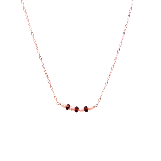 7 Stone Cluster Necklace, Garnet + Pearl, Rose Gold